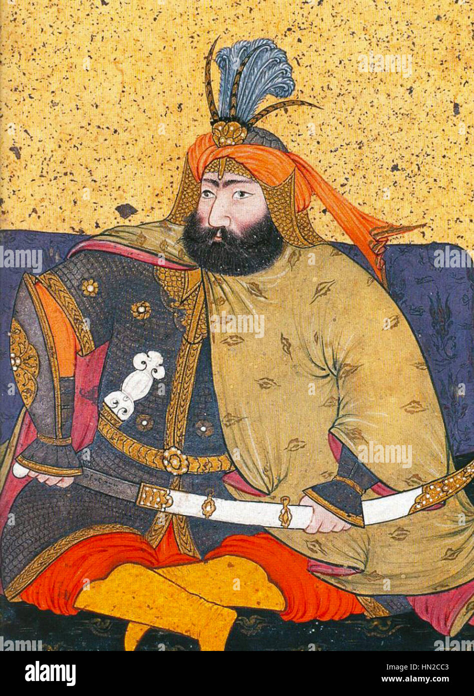 Questa opera d'arte in miniatura raffigura Murad IV, il sultano ottomano, che mostra lo stile dettagliato e intricato della ritrattistica ottomana durante il XVII secolo. Foto Stock