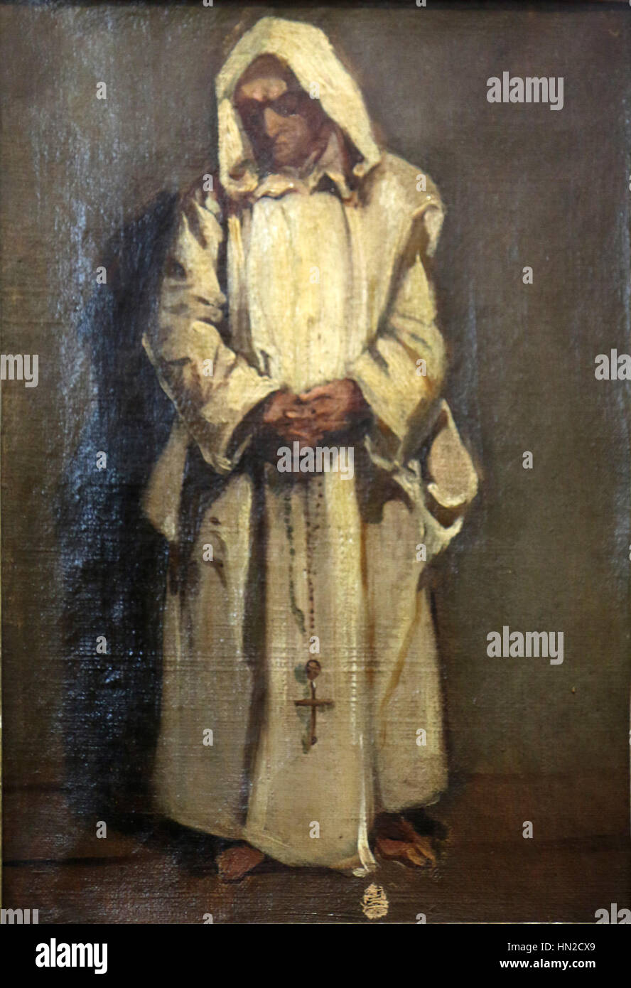 "Moine en Robe Blanche" di Marius Granet presenta un monaco in una veste bianca, catturato in una posa contemplativa e serena. Il dipinto riflette l'interesse di Granet per i soggetti religiosi e la tranquilla introspezione della vita monastica. Foto Stock