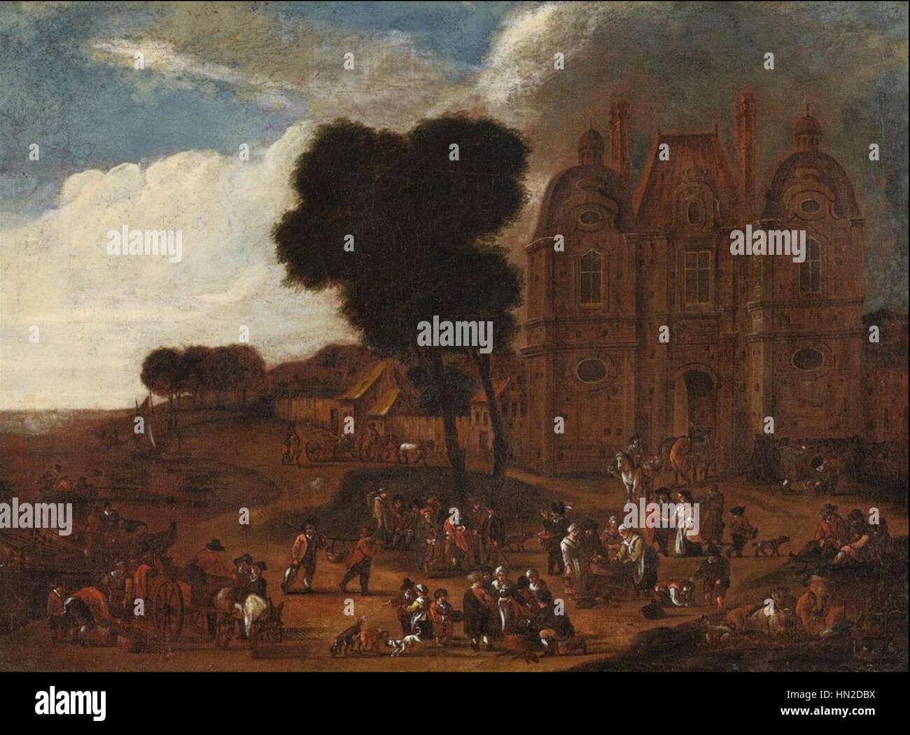 Il dipinto di Mathys Schoevaerdts "mercato del pesce" raffigura un mercato del pesce affollato con commercianti e acquirenti. L'opera è ambientata su uno sfondo di impressionante architettura, che mostra il trambusto della vita quotidiana nel XVII secolo. Foto Stock