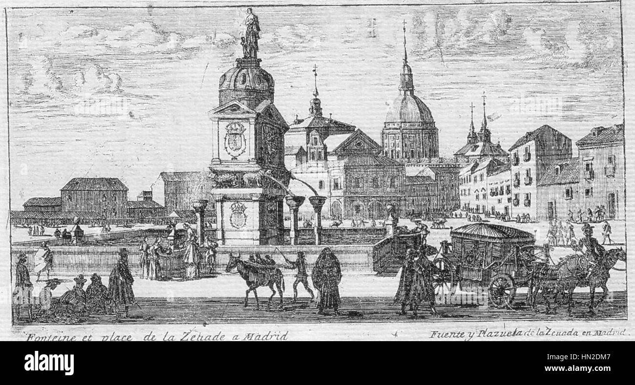 La "Fuente Plaza Cebada" di Luis Meunier del 1866 raffigura una piazza pubblica di Madrid con una fontana, che mostra la vita quotidiana in un ambiente urbano spagnolo. L'opera cattura la vivacità della scena, enfatizzando le interazioni sociali e le caratteristiche architettoniche della piazza. Foto Stock