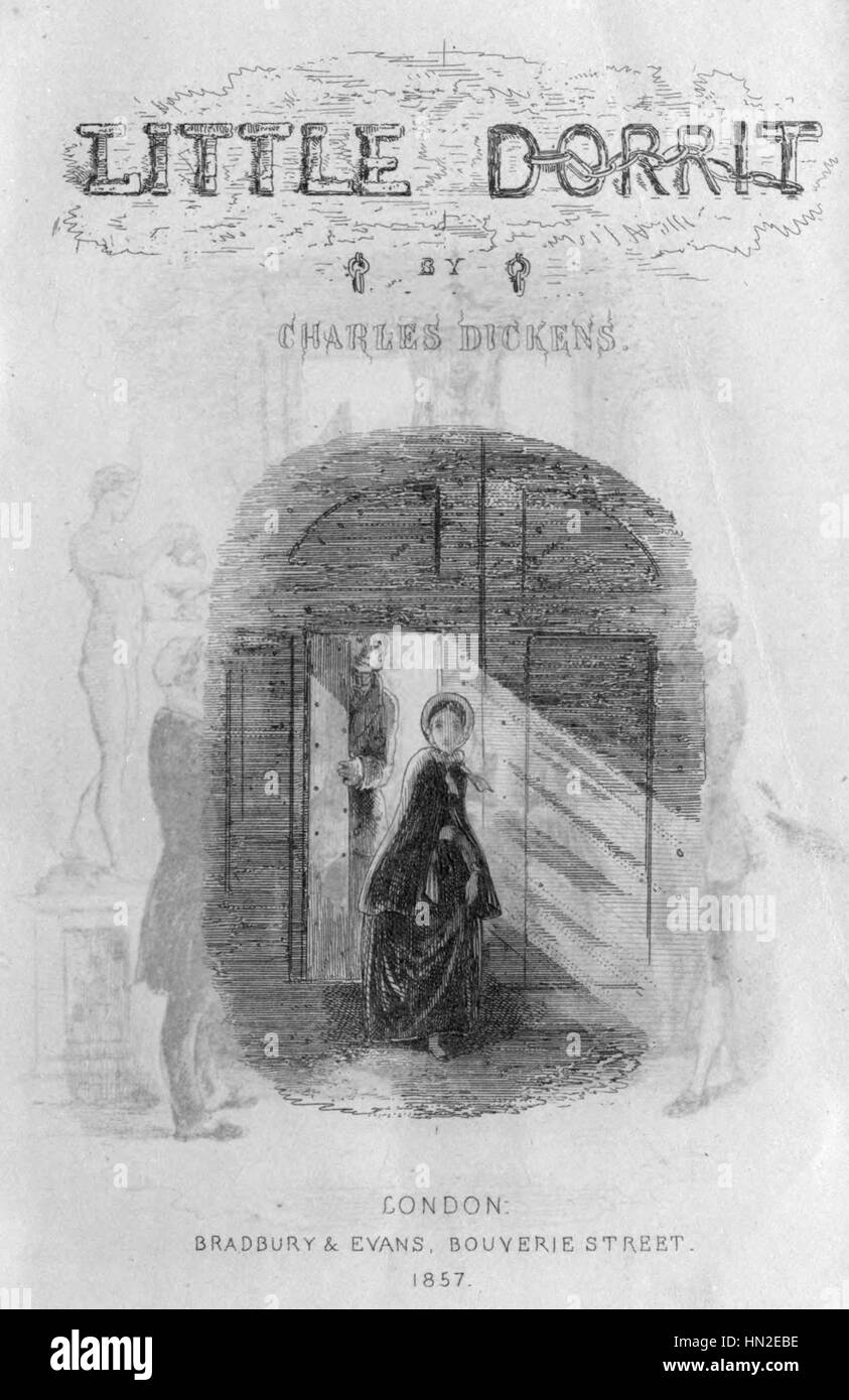 Il frontespizio di "Little Dorrit" di Charles Dickens introduce la storia con un design elegante. Riflette i temi della classe sociale, della povertà e della rivoluzione industriale nell'Inghilterra del XIX secolo. Foto Stock