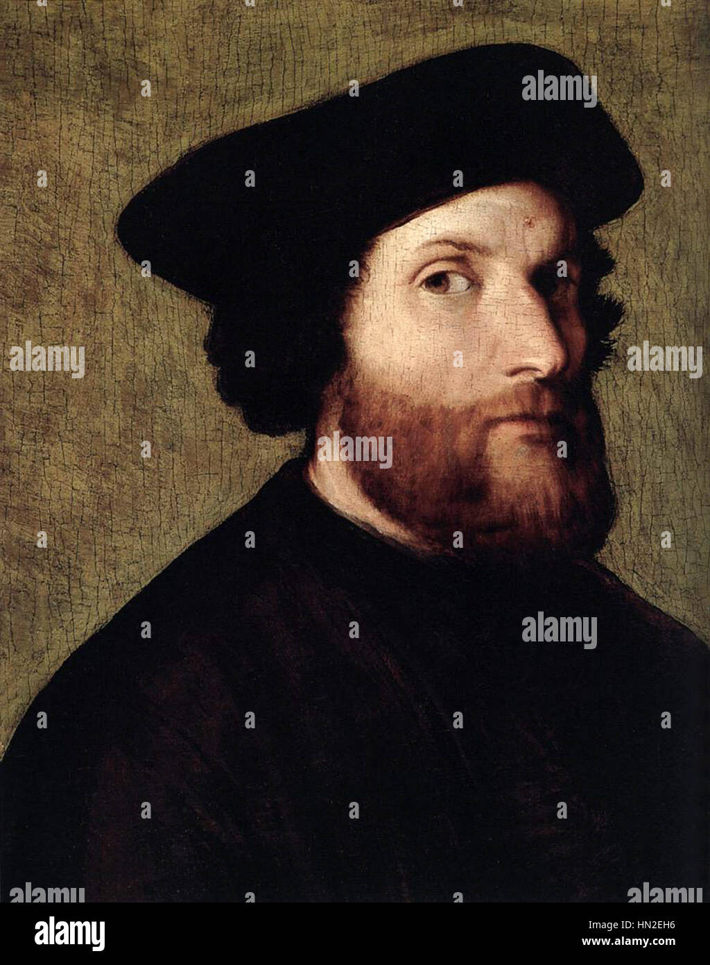 L'autoritratto di Lorenzo lotto raffigura l'artista con grande attenzione ai dettagli, mettendo in mostra la sua profondità psicologica e la sua abilità tecnica. La sua espressione trasmette introspezione, rivelando l'interesse rinascimentale per l'umanesimo e l'autoesplorazione. Foto Stock