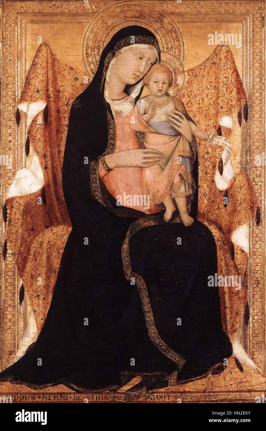 La "Vergine col bambino" di Lippo Memmi è una rappresentazione classica dell'iconografia religiosa nell'arte medievale italiana. Questo lavoro sottolinea le delicate caratteristiche sia della Vergine Maria che di Cristo in un contesto devozionale. Foto Stock