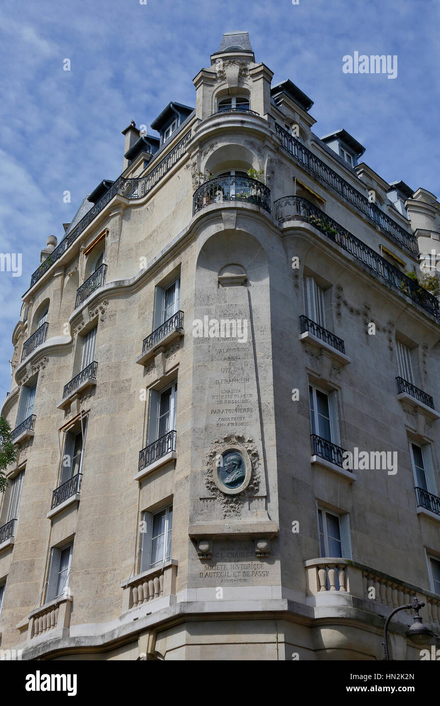 Benjaman la casa di Franklin, Parigi Francia, angolo Raynouard e rue cantante nel quartiere di Passy vissuto qui 1777-1785, PARIGI FRANCIA Foto Stock