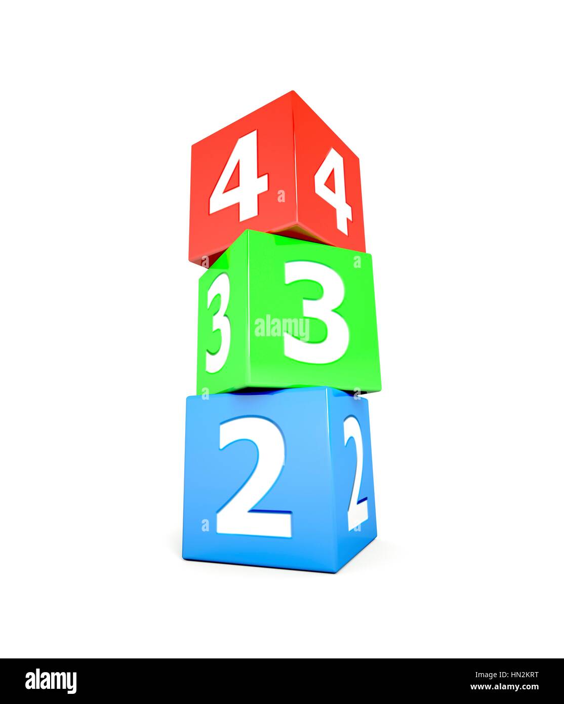 Pila di 3 colorati cubi numerati, due, tre e quattro. Foto Stock
