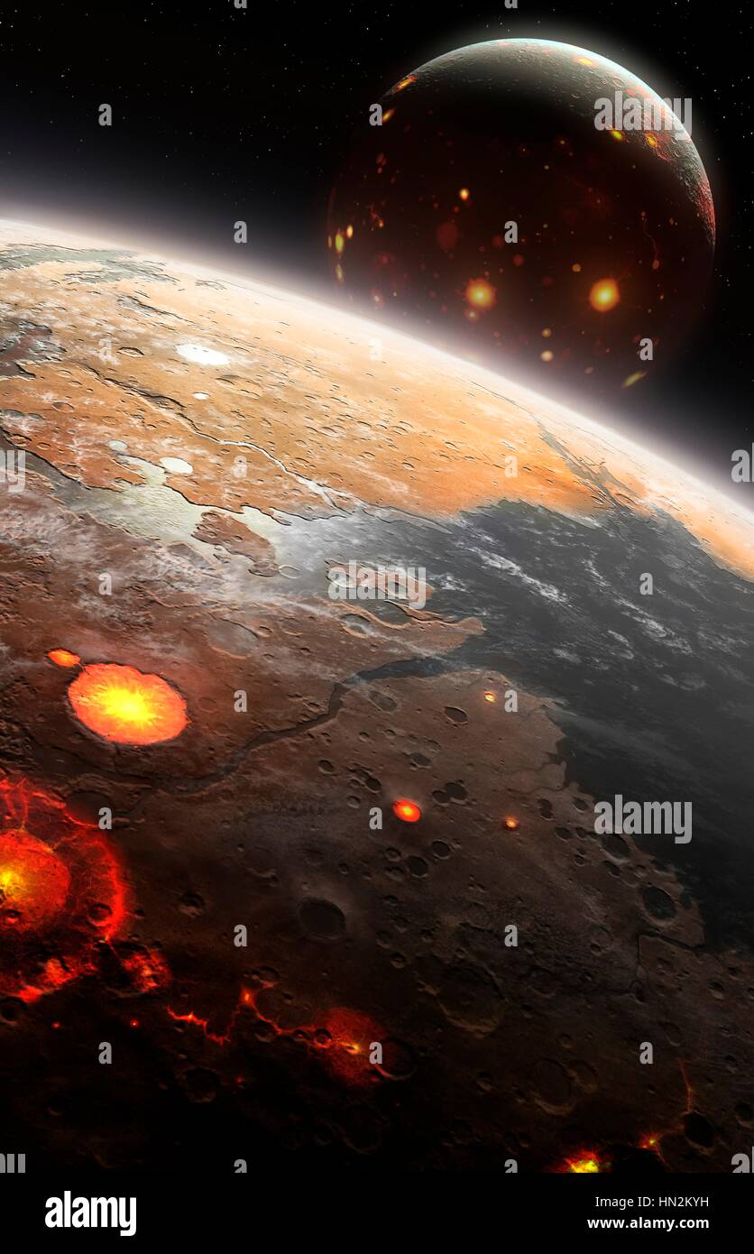 Illustrazione del giovane Earth-Moon sistema. La terra ha recentemente formato quando è stato colpito da un protoplanet chiamato Theia circa tre volte la dimensione di Marte. I detriti dall'impatto è andato in orbita in cui rapidamente raggruppata per formare la luna, probabilmente entro poche migliaia di anni. Inizialmente la terra e la Luna erano molto più vicini di quanto non lo siano ora, e la filatura più rapidamente. In questa rappresentazione, detriti dalla collisione continua a piovere su entrambi i mondi. Foto Stock