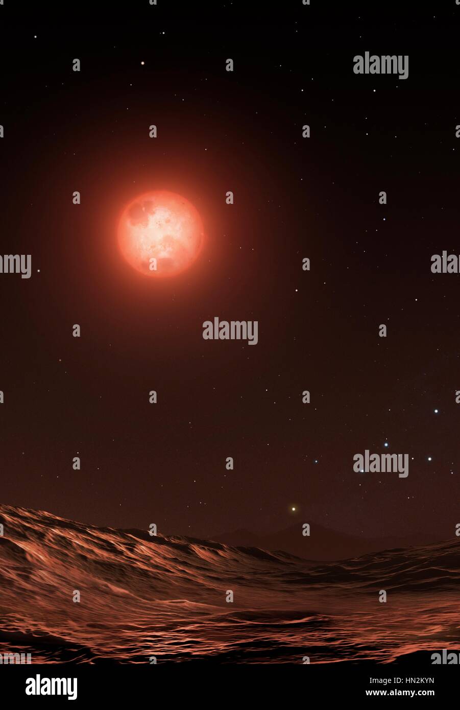 Proxima è la stella più vicina al Sole è una dim red dwarf, minore il nostro sole e molte migliaia di volte più luminose. Qui possiamo vedere è visto con un orbita pianeta roccioso, scoperto di recente, chiamato Proxima b. In fondo, appena sopra l'orizzonte è una stella gialla. Questo è il sole visto da Proxima, il nostro sole è solo un'altra stella e un membro supplementare della costellazione Cassiopeia, il cui caratteristico profilo a W è visibile in basso a destra. Foto Stock
