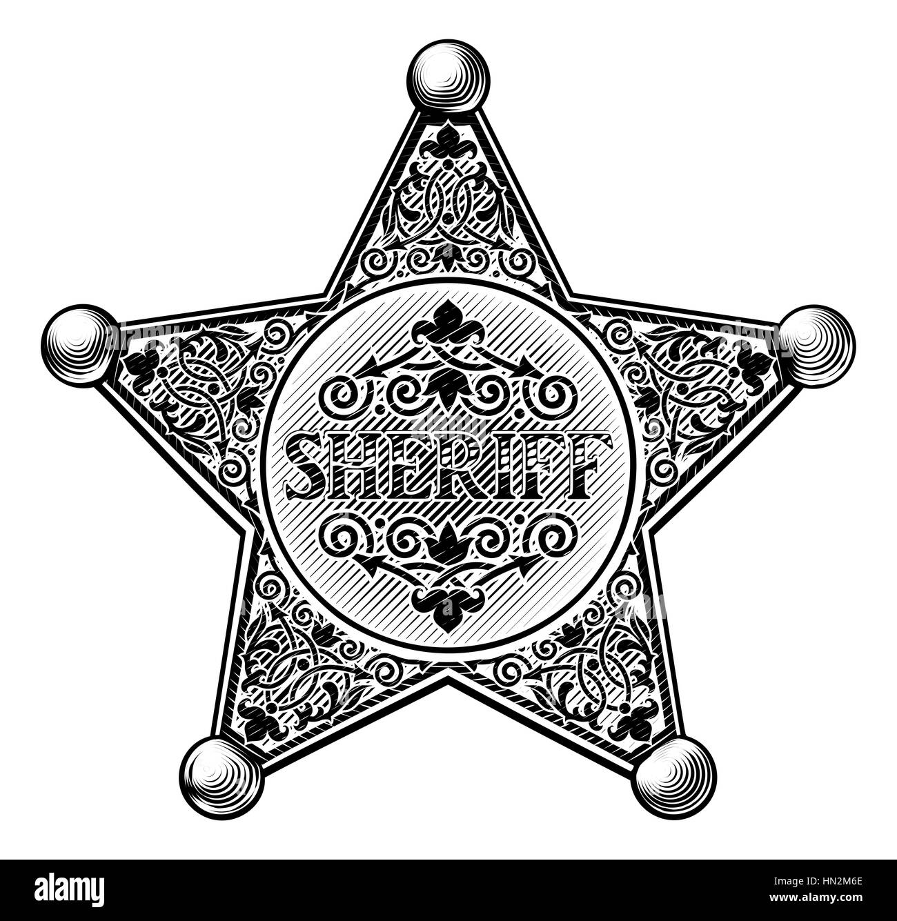 Sheriff star badge in un vintage western inciso stile inciso Foto Stock