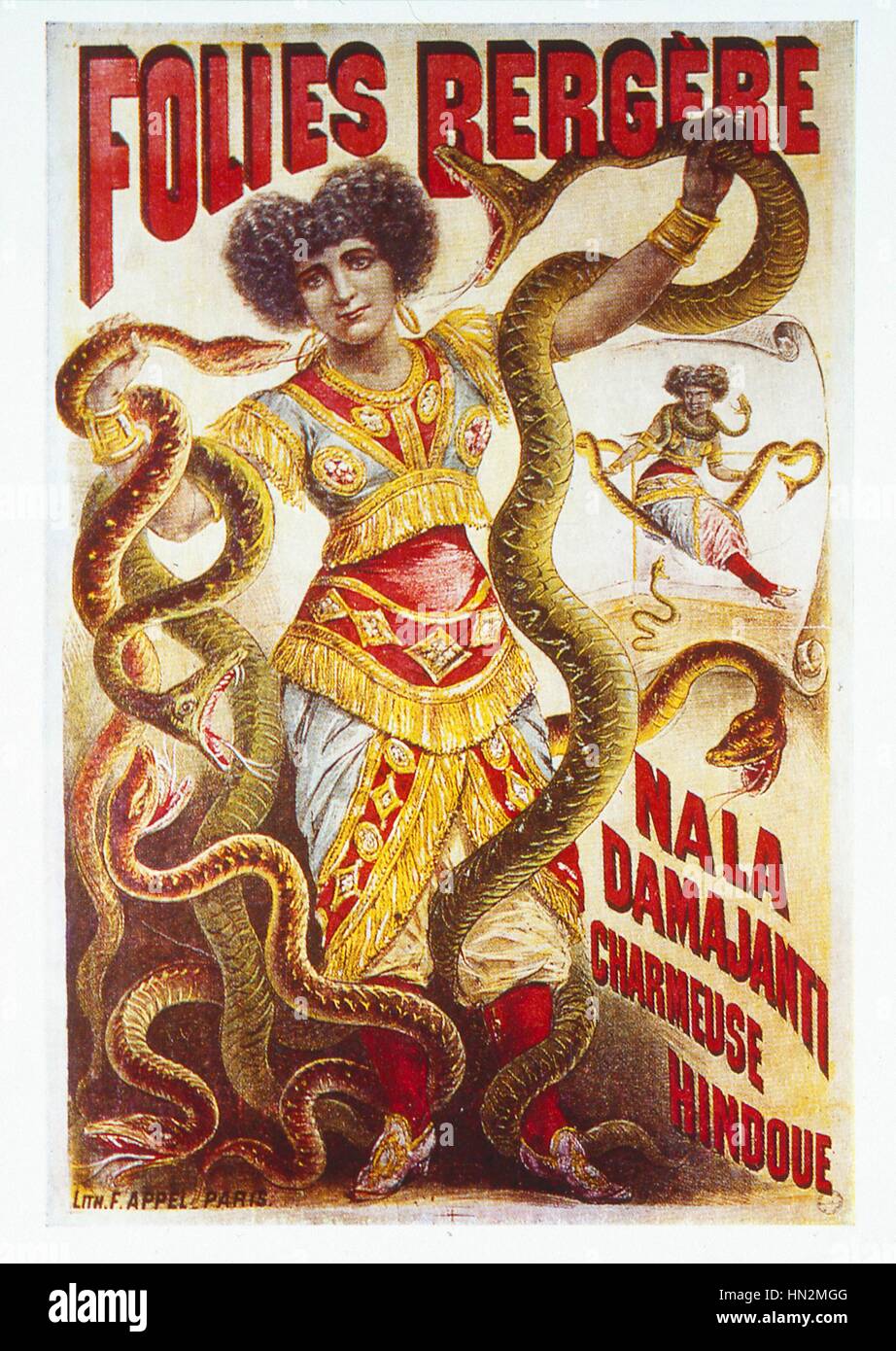 Poster pubblicitario per una mostra alle Folies-Bergere: 'l'Indiano incantatore' Francia tardo XIX secolo Foto Stock