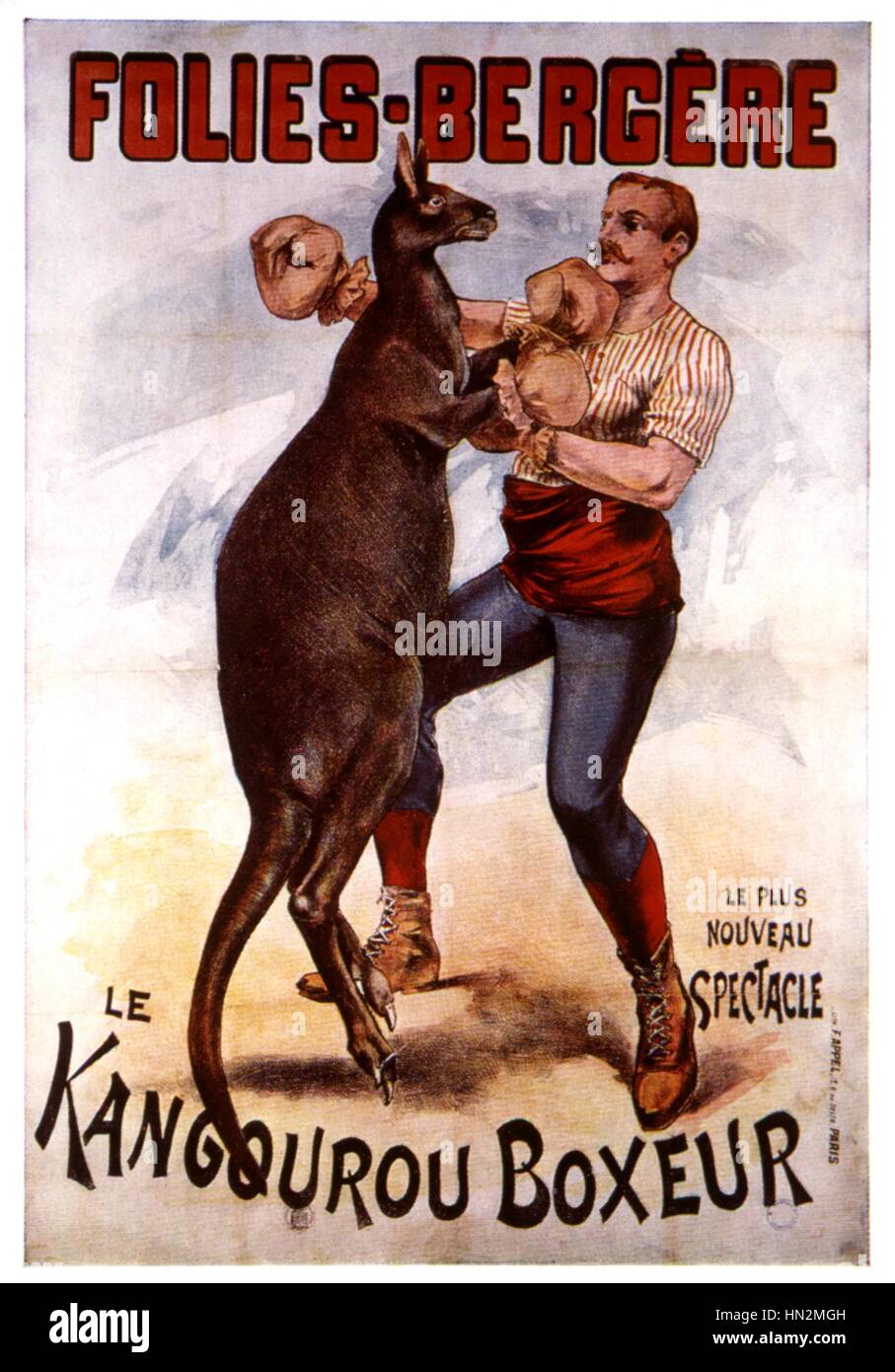 Poster pubblicitario per una mostra alle Folies-Bergere: 'Il pugilato Kangaroo' Francia tardo XIX secolo Foto Stock