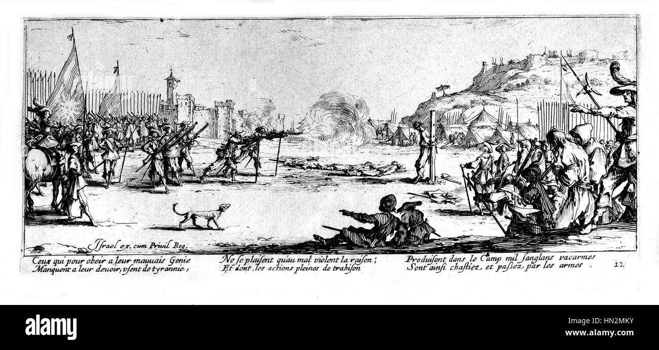 Incisione di Jacques Callot. "Les Grandes Miseres de la guerre" (Le miserie e disgrazie della guerra). Piastra 12: L'arquebusade o fucilazione attacco pubblicato nel 1633 piastra che si trova presso il Museo Lorrain a Nancy (Francia) Foto Stock