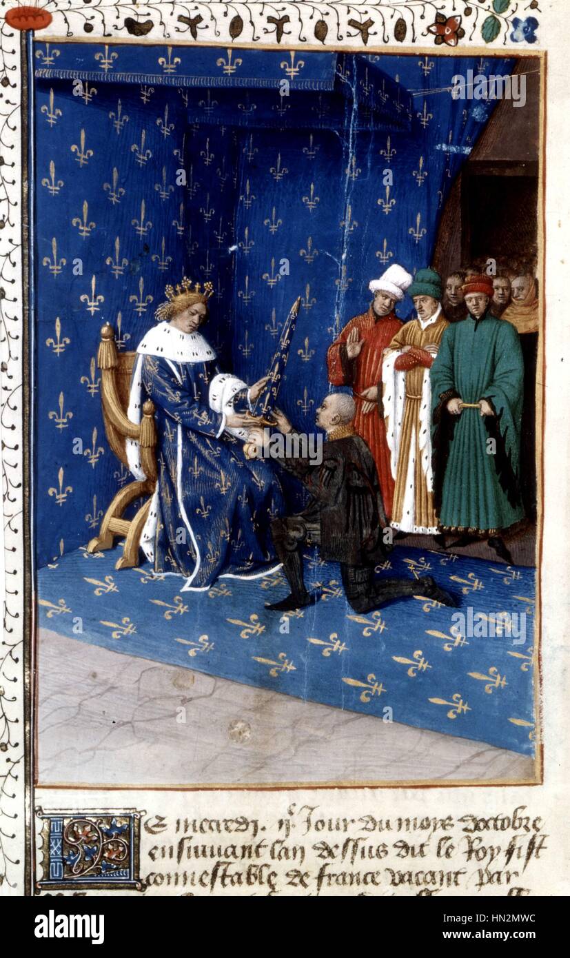 Cronache di Saint Denis, in miniatura di Jean Fouquet Charles V dà Bertrand du Guesclin conestabile spada, il 2 ottobre 1370 XV secolo in Francia Foto Stock