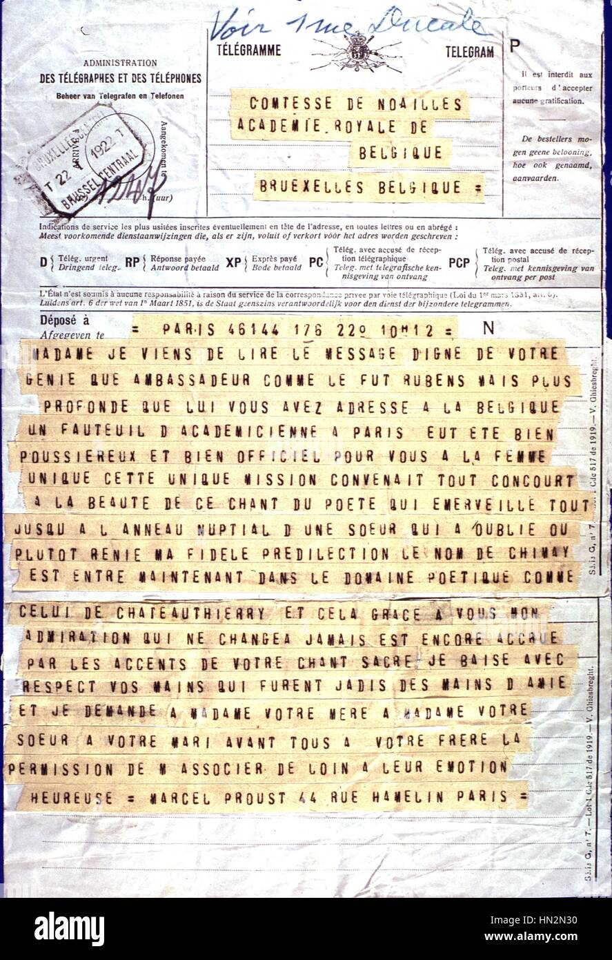 Telegramma inviato da Marcel Proust a Anna de Noailles Gennaio 22, 1922, Francia collezione privata Foto Stock