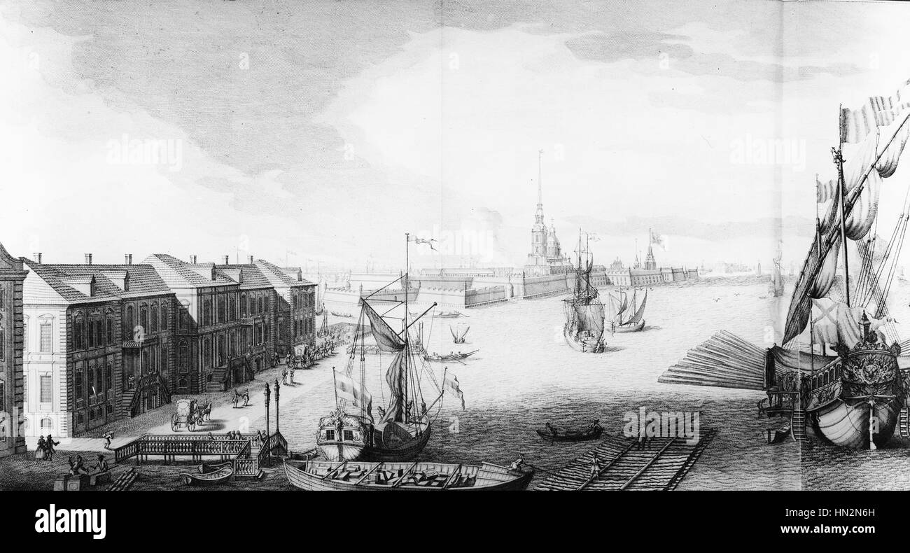 San Pietroburgo, Vista delle rive del fiume Neva Russia del XVIII secolo Foto Stock