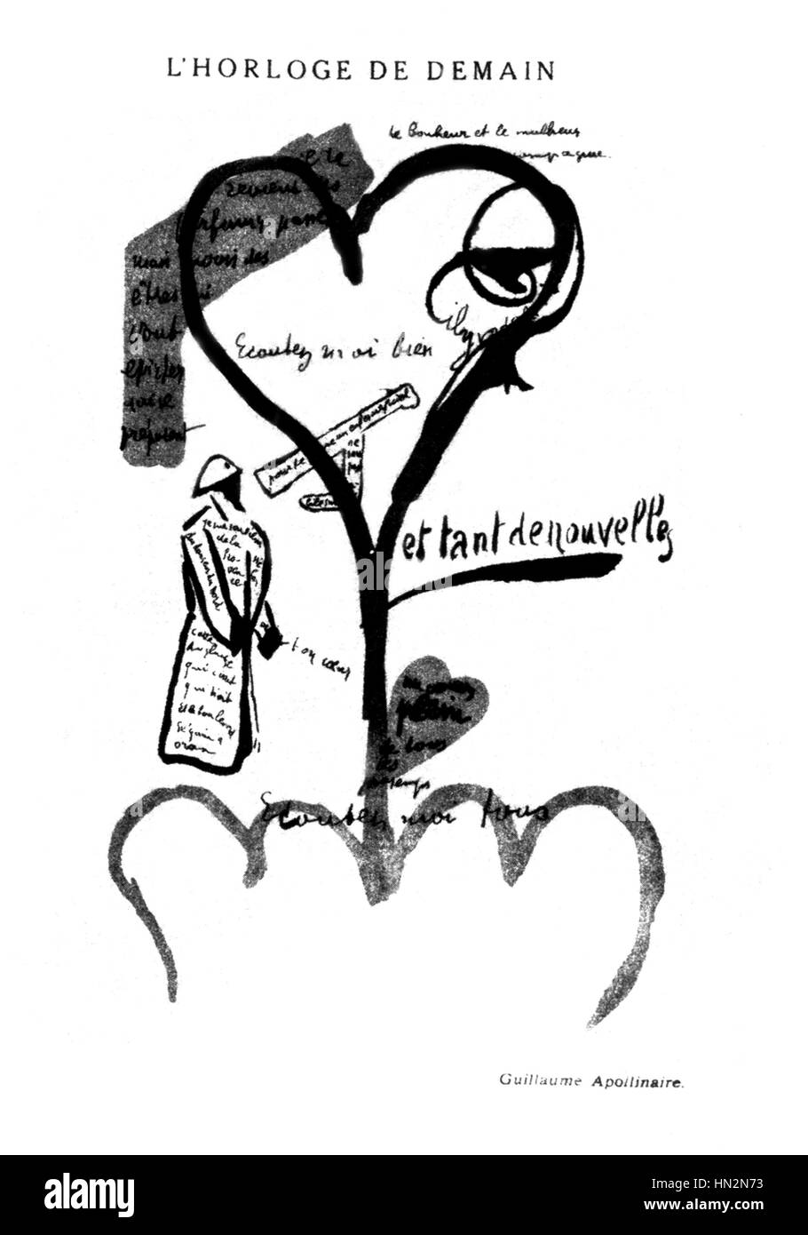 Disegno di Guillaume Apollinaire per il suo poema "L'horloge de domani" del XX secolo in Francia Foto Stock