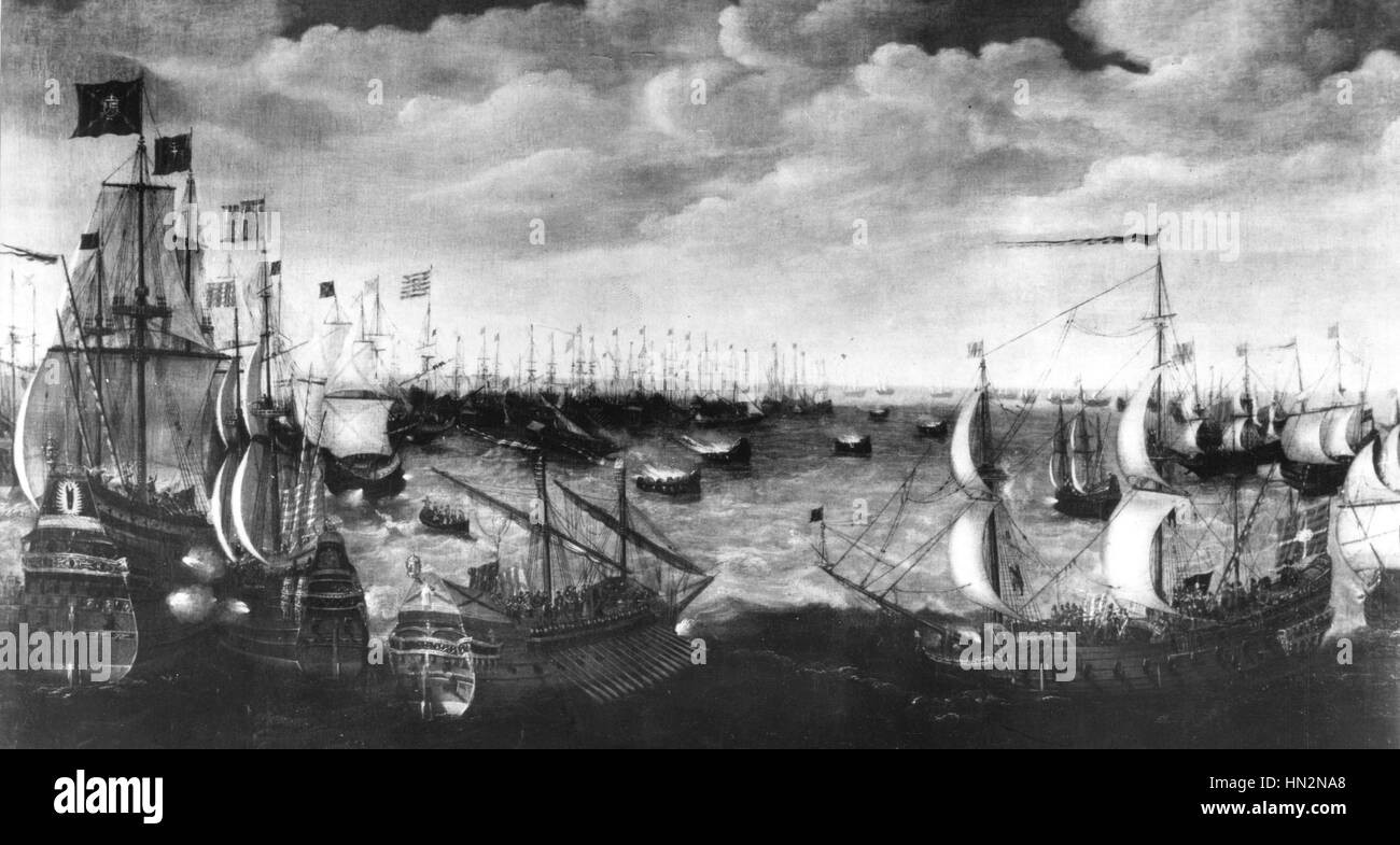 La Armada in Calais flotta spagnola inviato in Inghilterra per detronizzare Elisabetta 1° 1588 Foto Stock