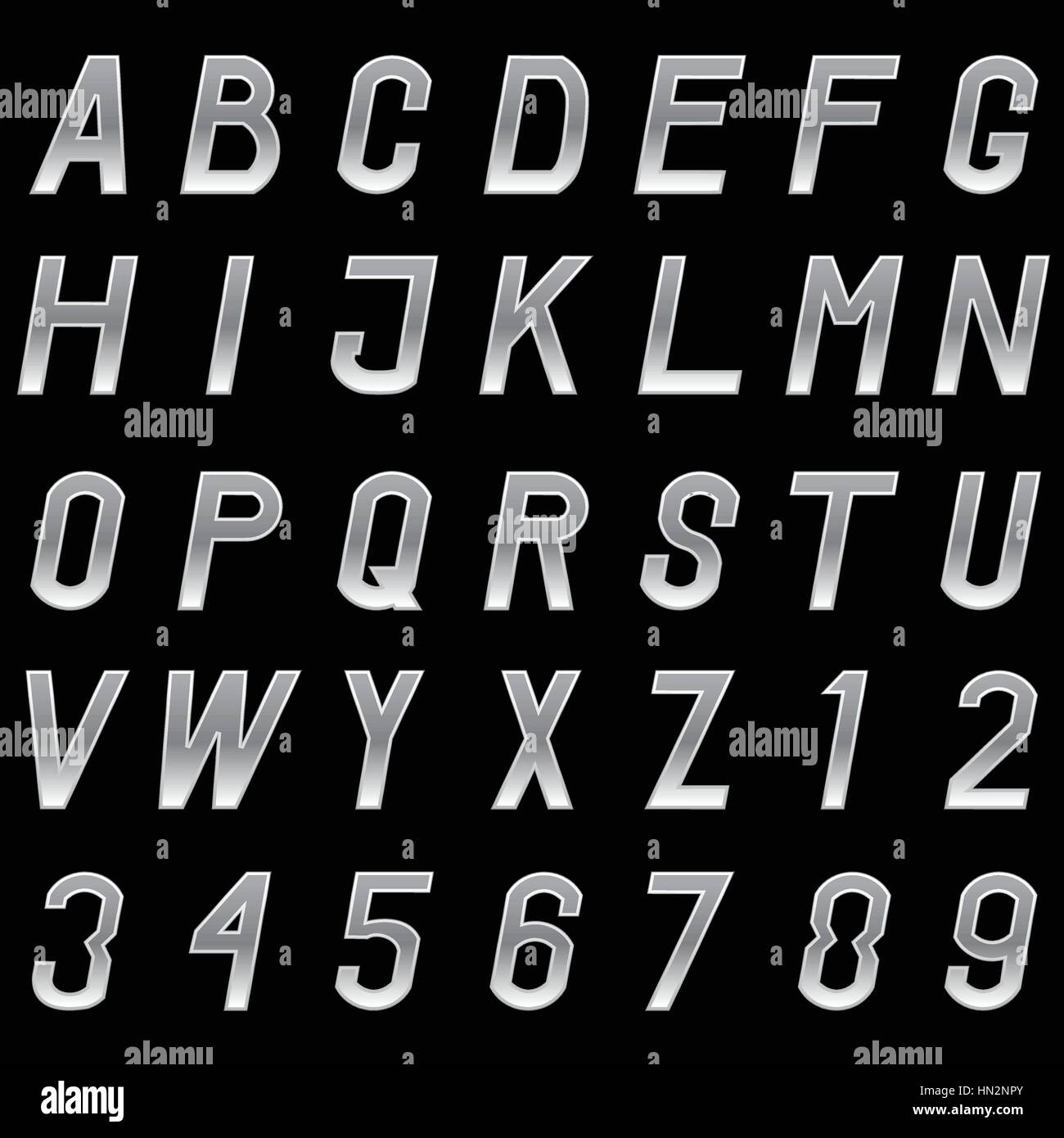 Set di vettore di metallo grigio alfabeto lettere e numeri