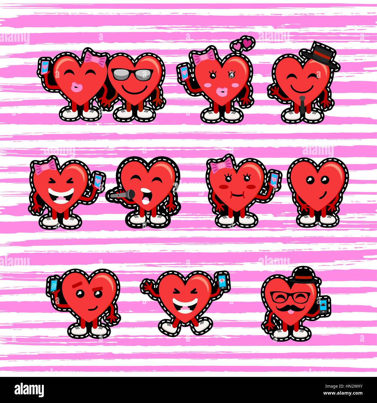 Happy valentines day set di social media gli Emoji cuori in maglia stile patch. Rapporto include le icone per online dating concetto, selfies e altro ancora. Illustrazione Vettoriale