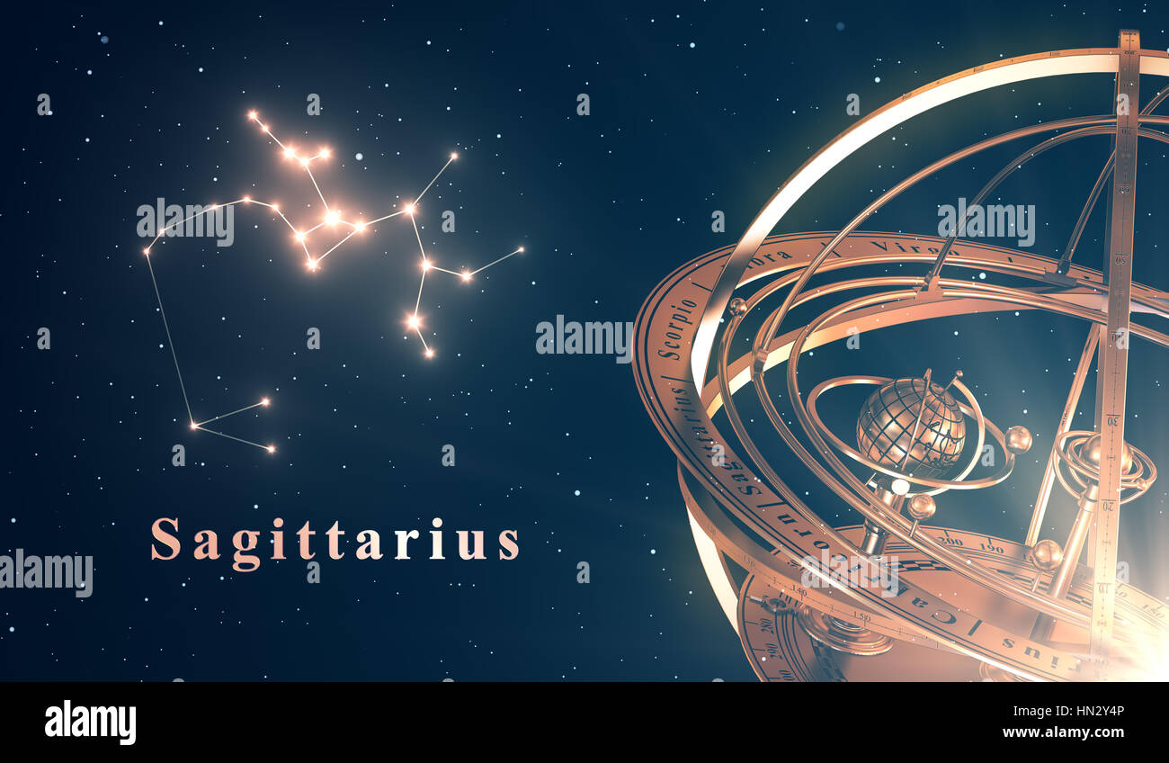 La costellazione dello zodiaco Sagittario e sfera armillare su sfondo blu Foto Stock