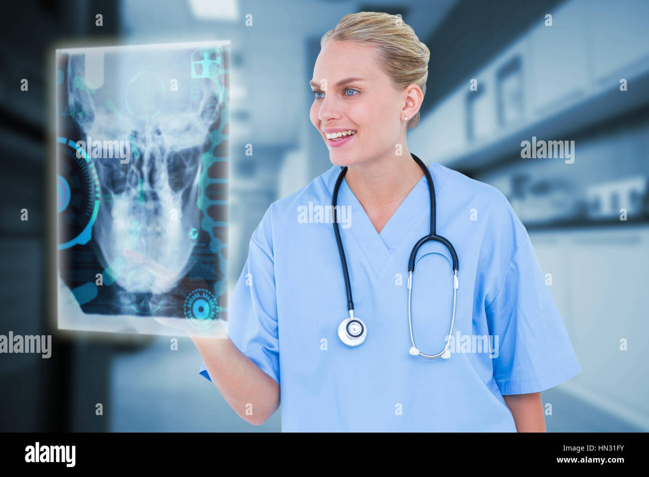 Chirurgo femmina toccando qualcosa in aria contro il contatore con corridoio 3d Foto Stock