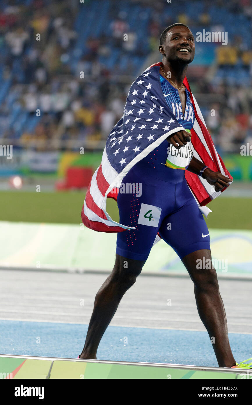 Rio de Janeiro, Brasile. Il 14 agosto 2016. Atletica, Justin Gatlin (USA) vince l'argento negli uomini 100m Finale al 2016 Olimpiadi estive. ©Pa Foto Stock