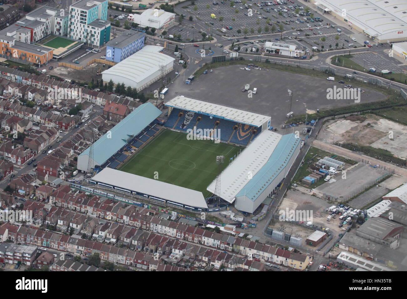 Vista aerea di Portsmouth Football Club Fratton Park di Portsmouth Hampshire Foto Stock