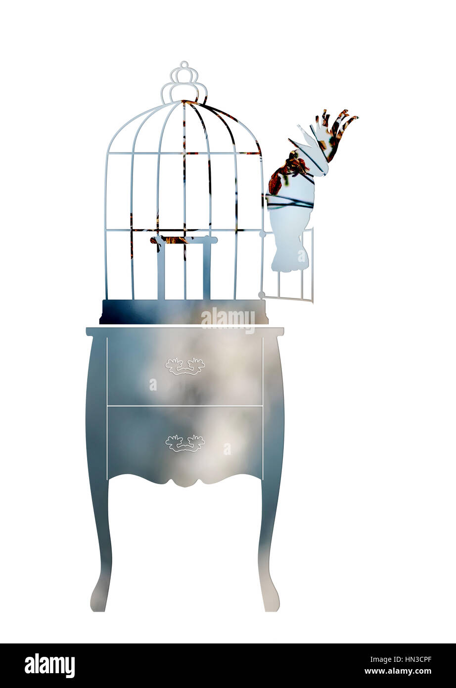 Doppia esposizione. Birdcage e pappagallo Foto Stock