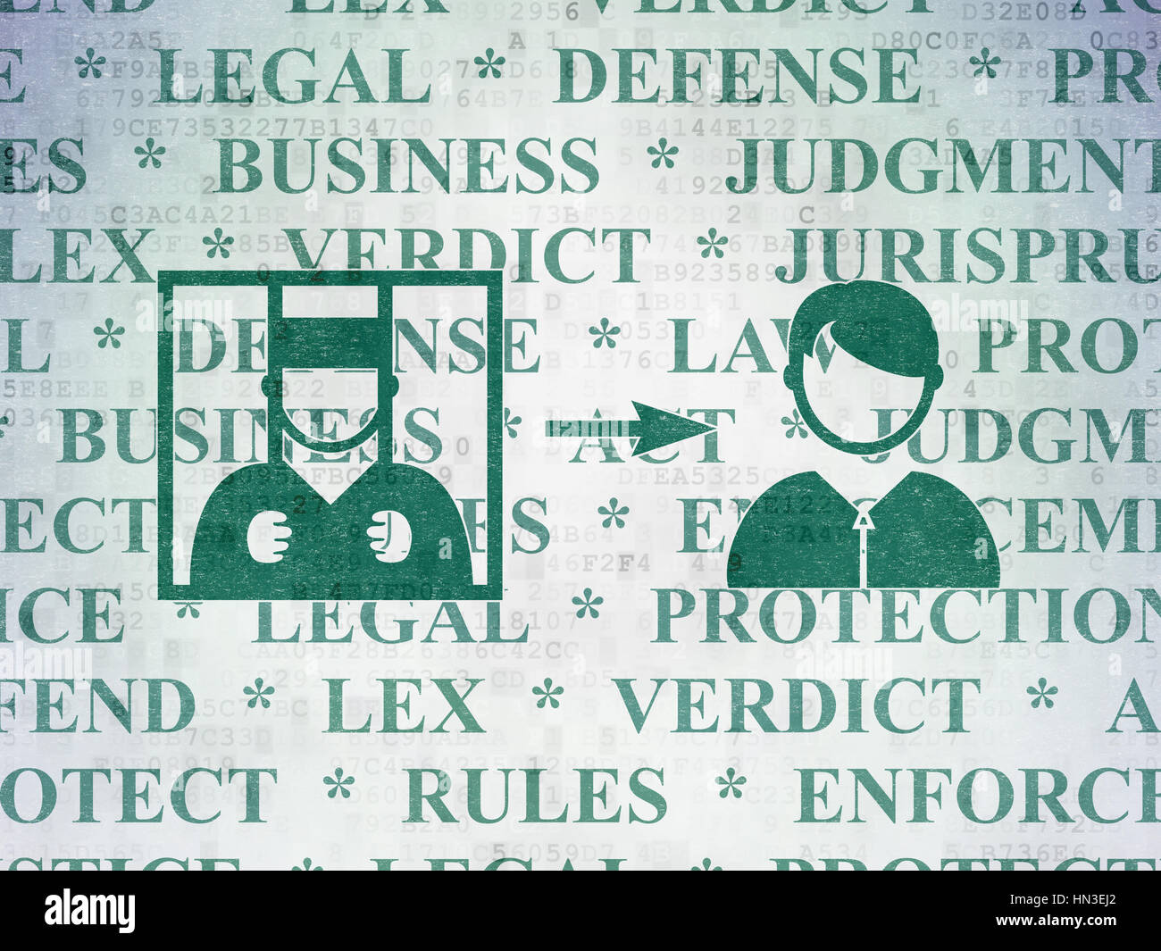 Il concetto di legge: verniciato di verde liberato criminali icona Dati digitali sullo sfondo della carta con Tag Cloud Foto Stock