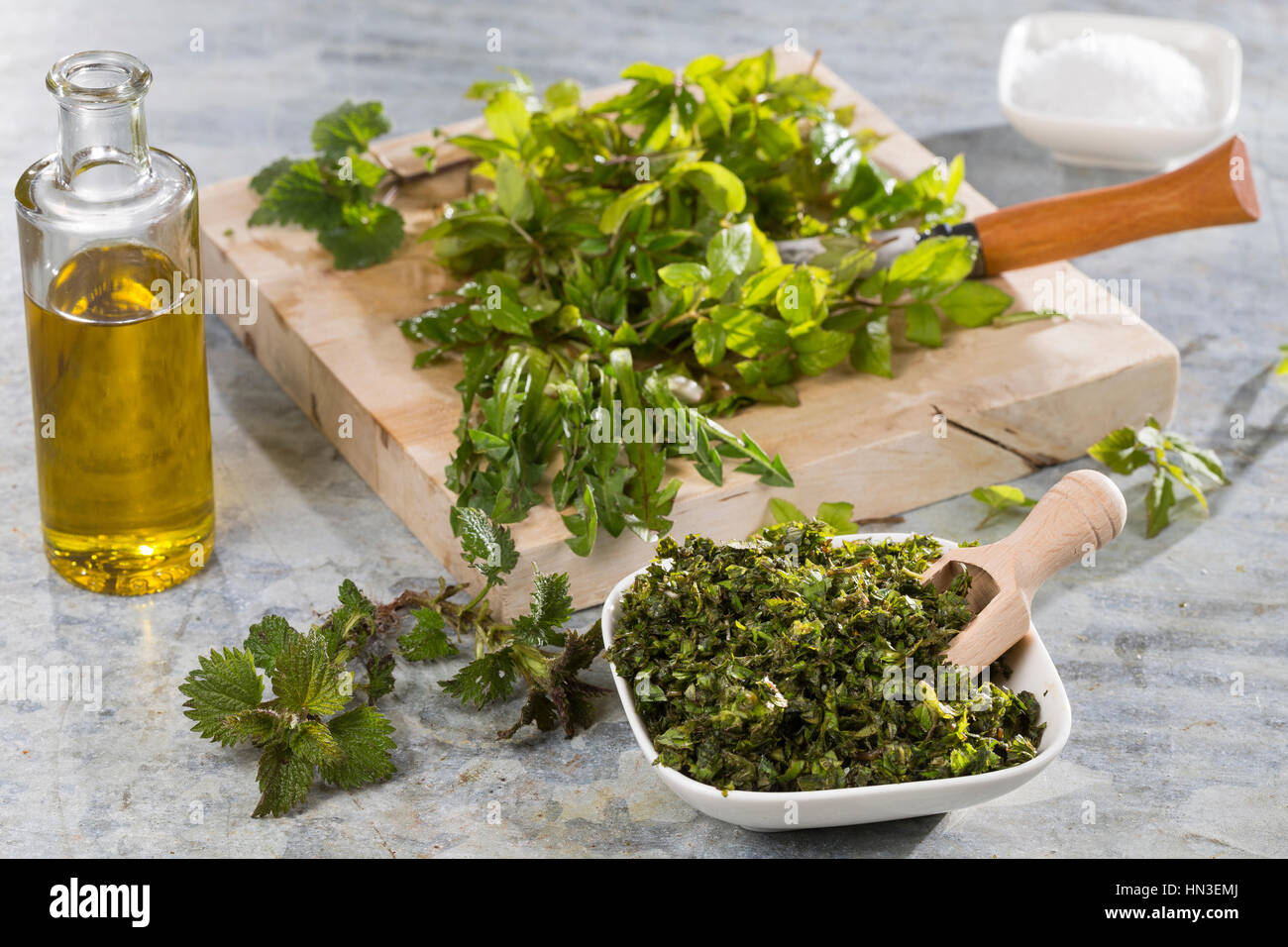 Kräuterkonzentrat aus Giersch, Löwenzahn, Brennnessel und Taubnessel, Kräuterpaste, Kräuter-Pesto, Kräuter in Öl, Kräuter in Salz, mit Olivenöl. Geißf Foto Stock