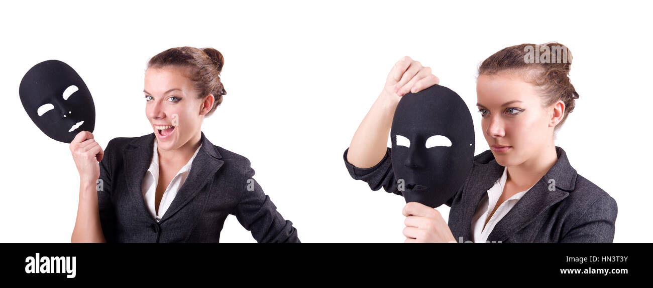 Donna con maschera di ipocrisia concept Foto Stock