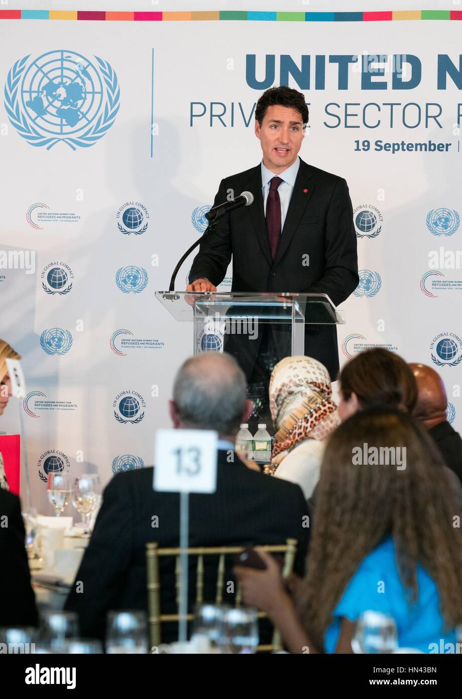 Nazioni Unite, New York, Stati Uniti d'America, 19 settembre 2016 - Justin Trudeau, primo ministro del Canada, gli indirizzi delle Nazioni Unite Forum sul Settore Privato 2016 durante l'ONU riunione ad alto livello dell'Assemblea Generale per affrontare grandi movimenti di profughi e migranti oggi presso la sede delle Nazioni Unite a New York. Foto: Luiz Rampelotto/EuropaNewswire | Utilizzo di tutto il mondo Foto Stock