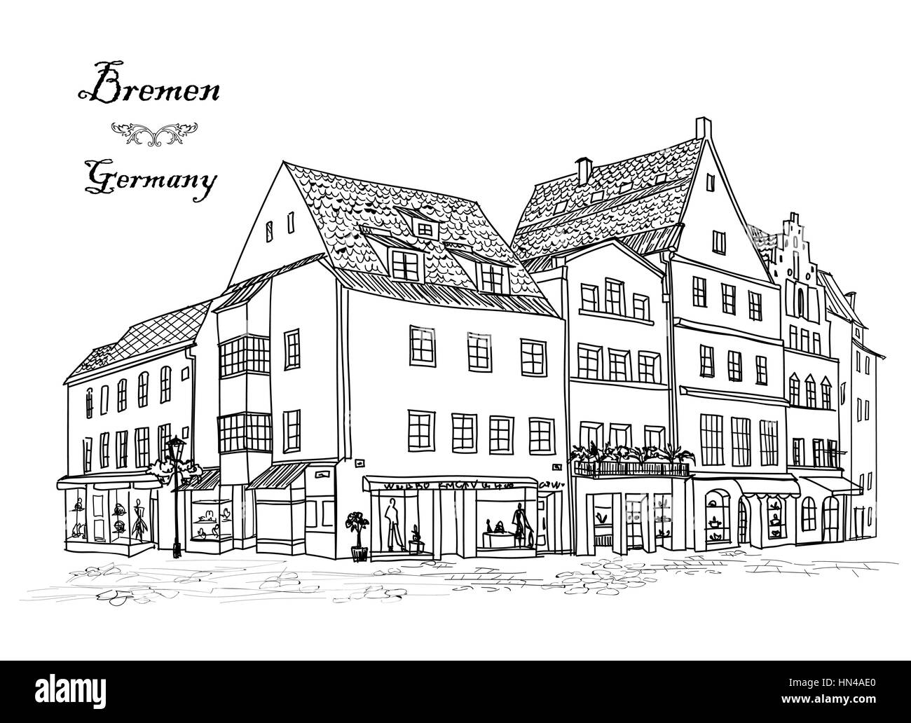 Street con i suoi antichi edifici e cafe nella città vecchia. cityscape - case, edifici e albero in vicolo. vista città vecchia medievale. castello europea del paesaggio. Illustrazione Vettoriale