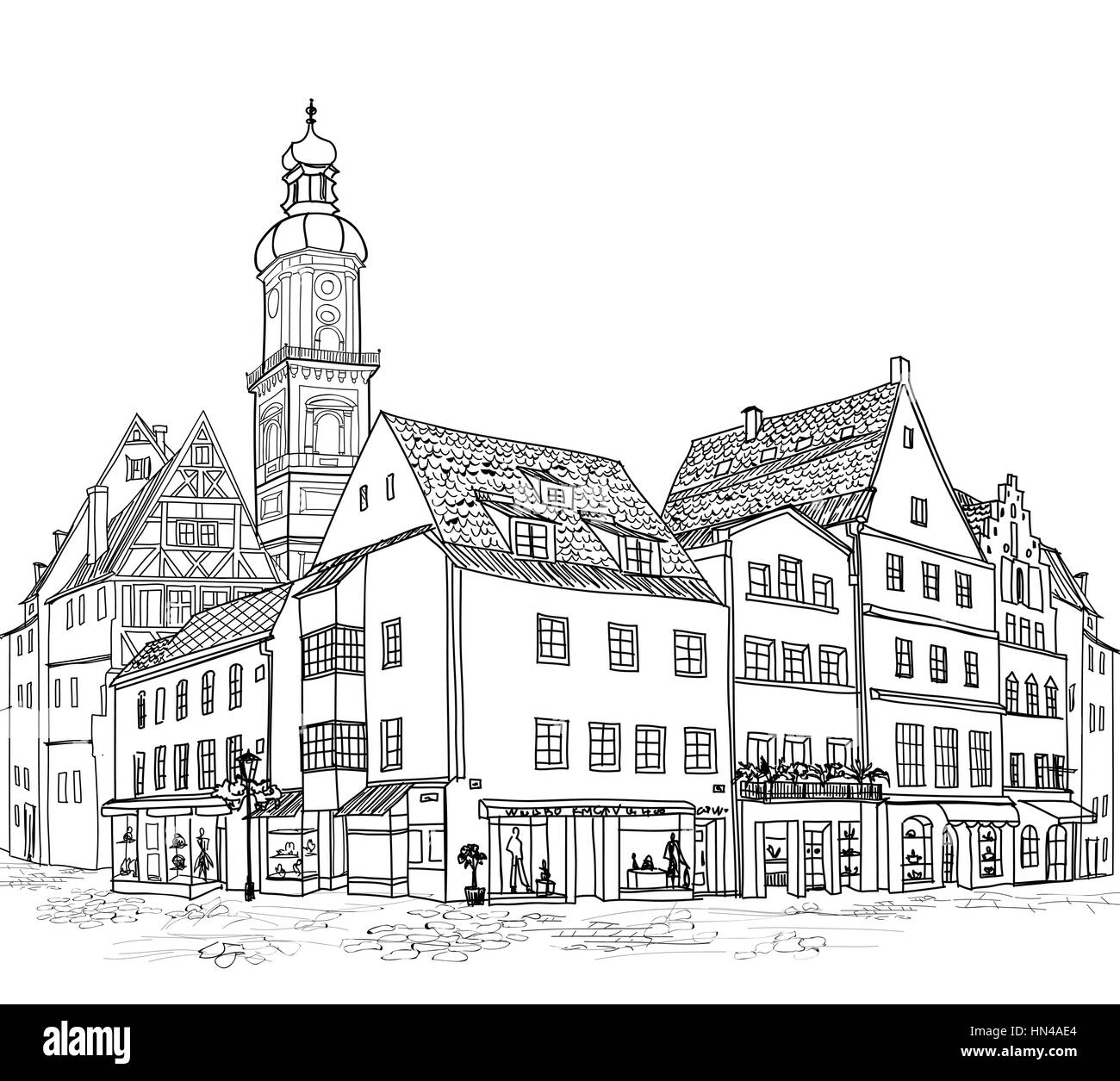 Street con i suoi antichi edifici e cafe nella città vecchia. cityscape - case, edifici e albero in vicolo. vista città vecchia medievale. castello europea del paesaggio. Illustrazione Vettoriale