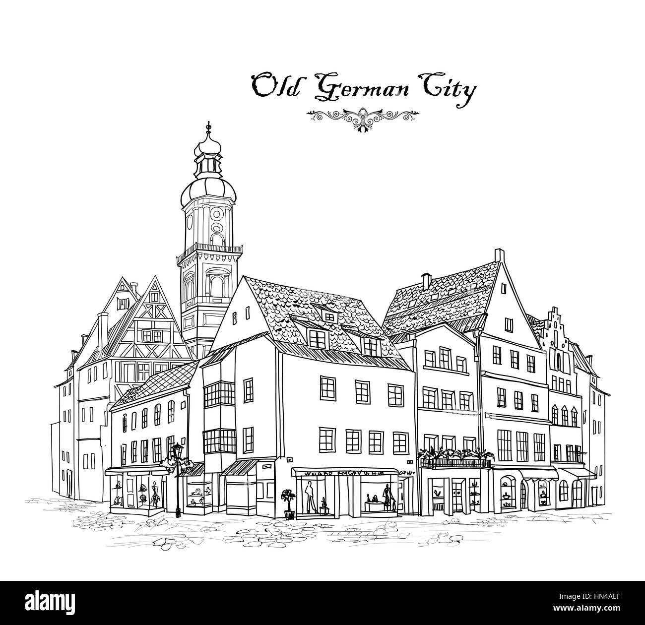 Street con i suoi antichi edifici e cafe nella città vecchia. cityscape - case, edifici e albero in vicolo. vista città vecchia medievale. castello europea del paesaggio. Illustrazione Vettoriale