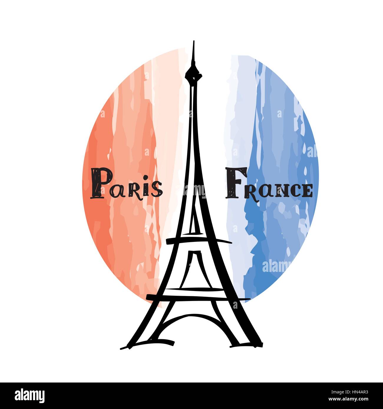 Viaggiare in Francia etichetta Parigi famoso edificio torre eiffel bandiera francese con paris landmark dipinte di grunge Francia bandiera con la scritta a mano sullo sfondo di digitazione Illustrazione Vettoriale