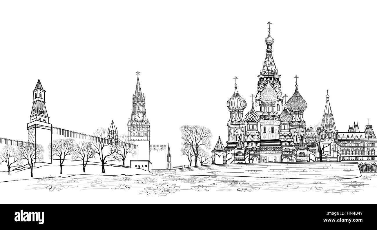 La piazza rossa vista, Mosca, Russia. viaggio russia illustrazione vettoriale. russo famoso luogo. Il Cremlino città vista dal fiume di Mosca. San Basilio, Illustrazione Vettoriale