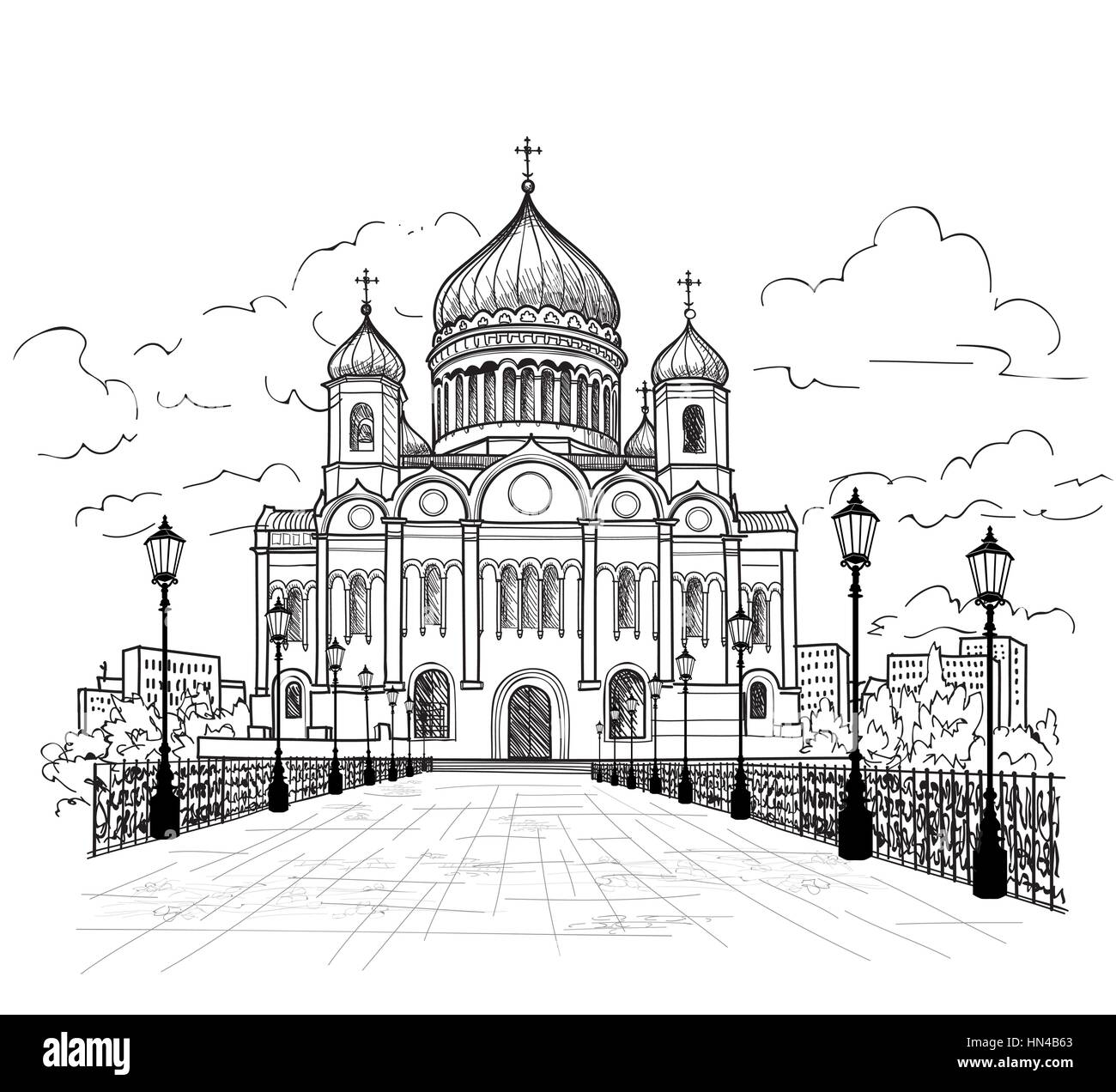 La cattedrale di Cristo Salvatore a Mosca, in Russia. russo famoso edificio. Mosca vista città. y e drwn schizzo illustrazione vettoriale Illustrazione Vettoriale