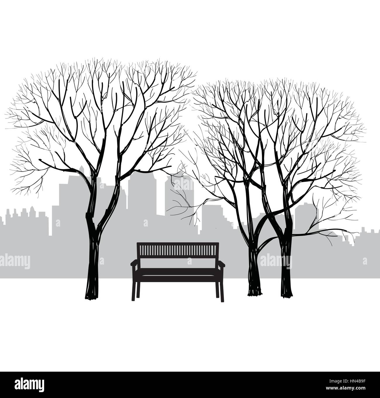 Panchina nel parco della città. alberi e piante. paesaggio con panca. cityscape illustrazione vettoriale Illustrazione Vettoriale
