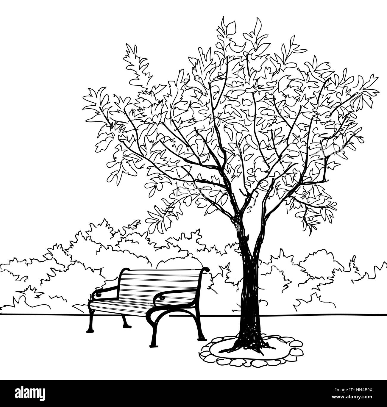 Panchina nel parco della città. alberi e piante. paesaggio con panca. doodle paesaggio illustrazione vettoriale Illustrazione Vettoriale
