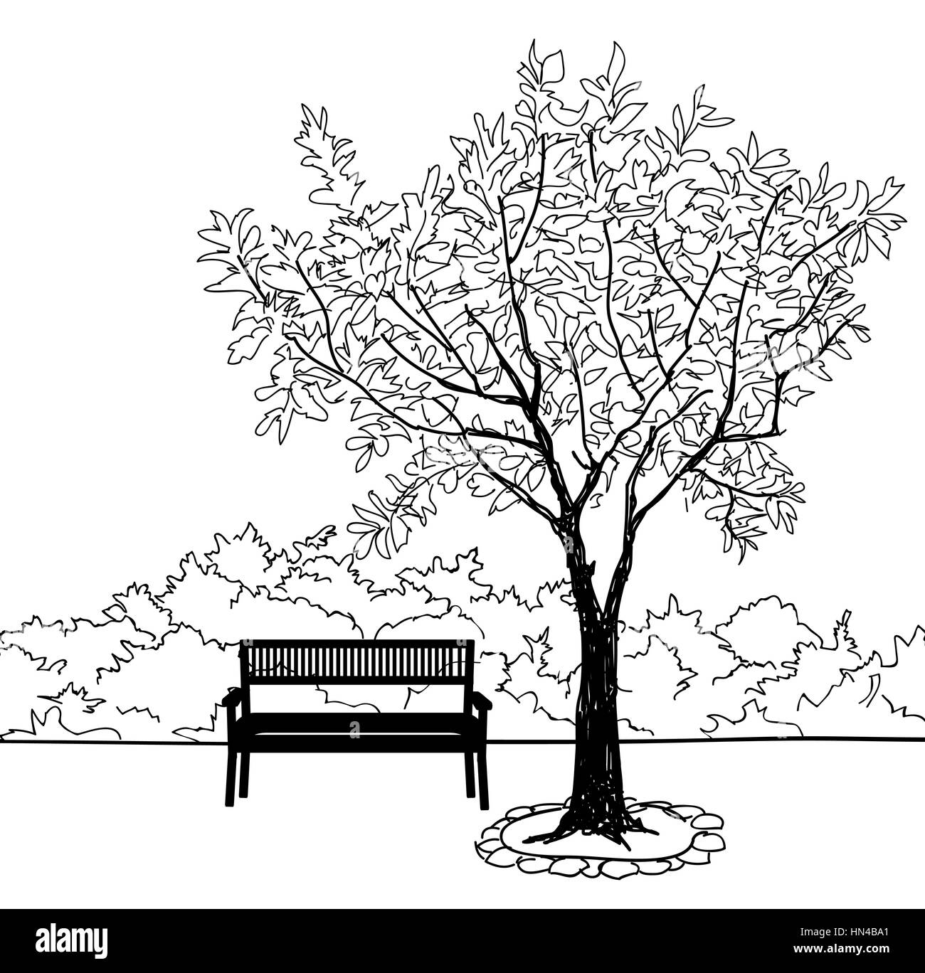 Panchina nel parco della città. alberi e piante. paesaggio con panca. doodle paesaggio illustrazione vettoriale Illustrazione Vettoriale