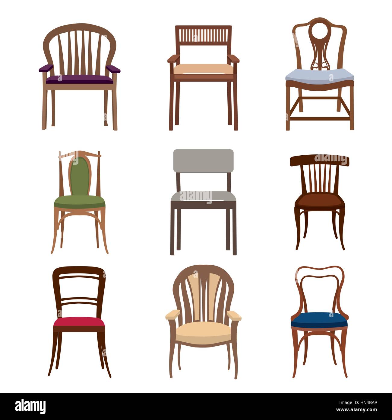 Sedie e poltroncine set di icone. collezione di mobili di diverse sedie in stile appartamento. Illustrazione Vettoriale