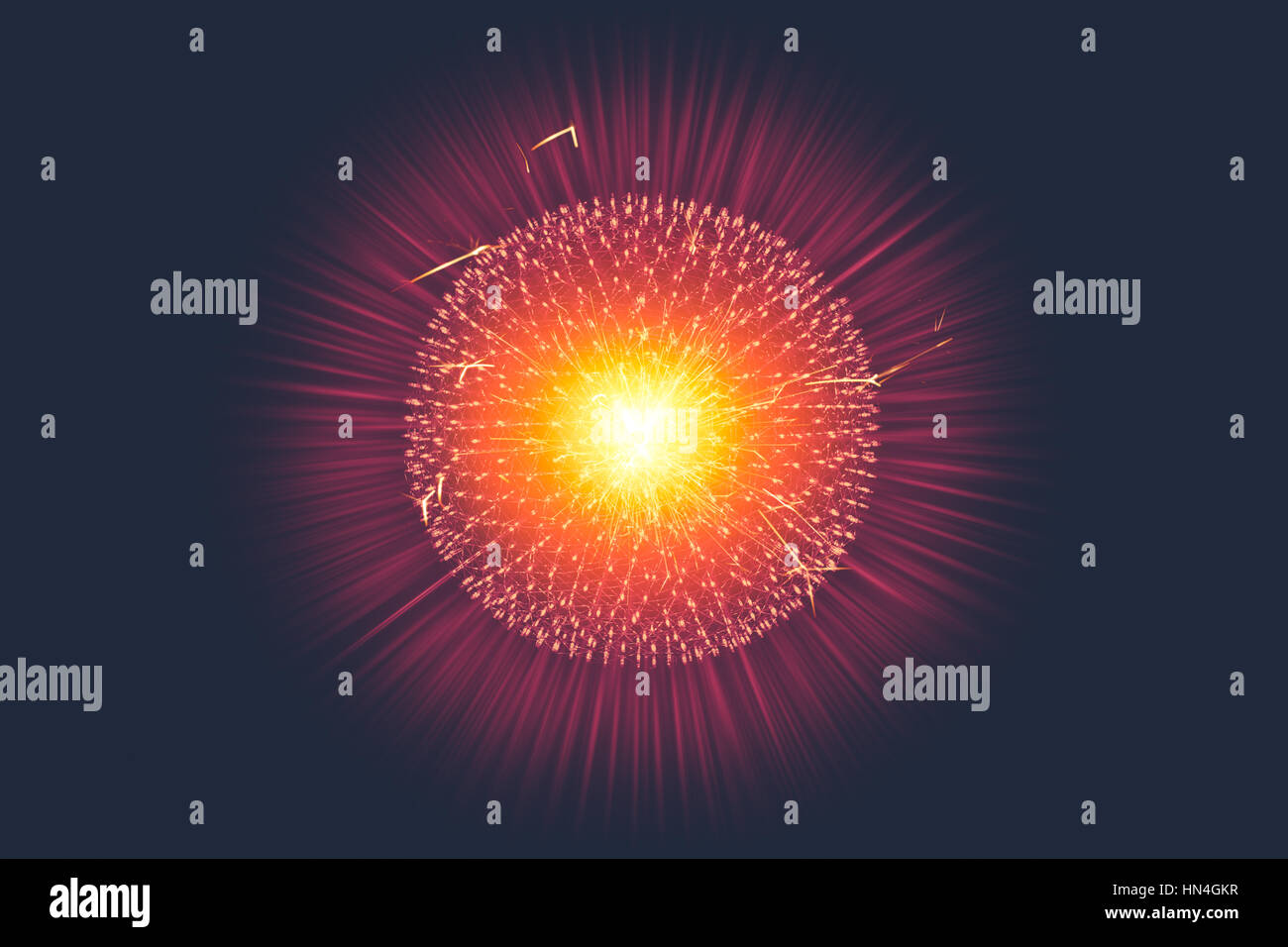 CG struttura modello forma di nucleo atomo esplosione nucleare bomba emettono radiazioni con fascio di raggi x o iniezione di luce di campi magnetici e le particelle dalla centrale Foto Stock