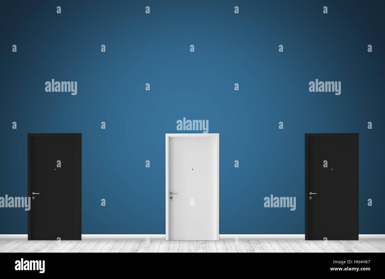 Tre porte con camera in bianco e nero e a colori una sola porta bianca di differenza da due porta nera modi selezionare camera pulita concetto. Foto Stock