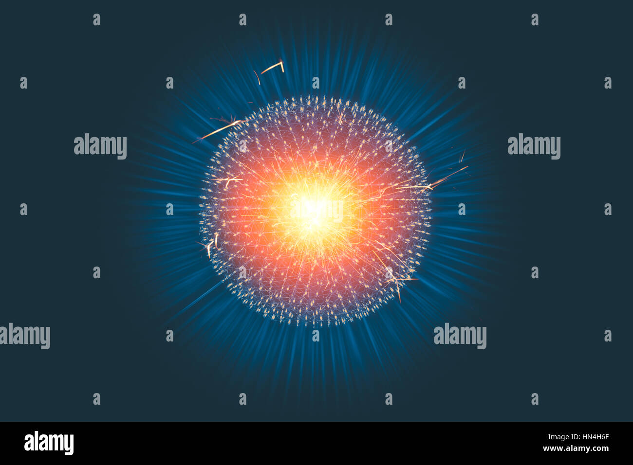 CG struttura modello forma di nucleo atomo esplosione nucleare bomba emettono radiazioni con fascio di raggi x o iniezione di luce di campi magnetici e le particelle dalla centrale Foto Stock