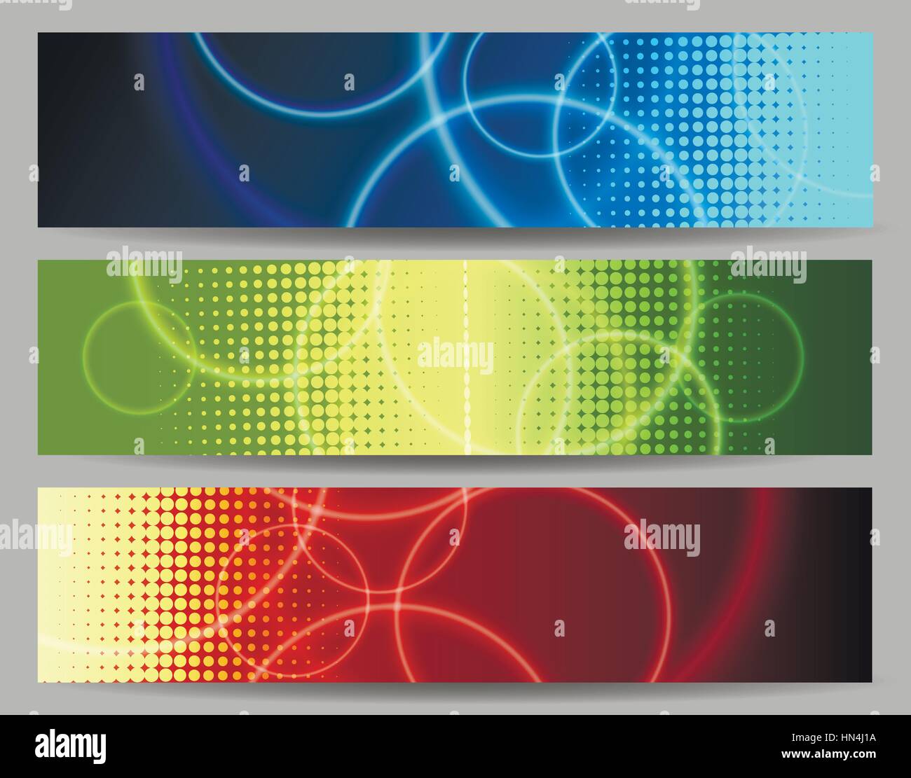Set di abstract banner colorati con cerchi e metà modello di tono. Illustrazione Vettoriale. Illustrazione Vettoriale