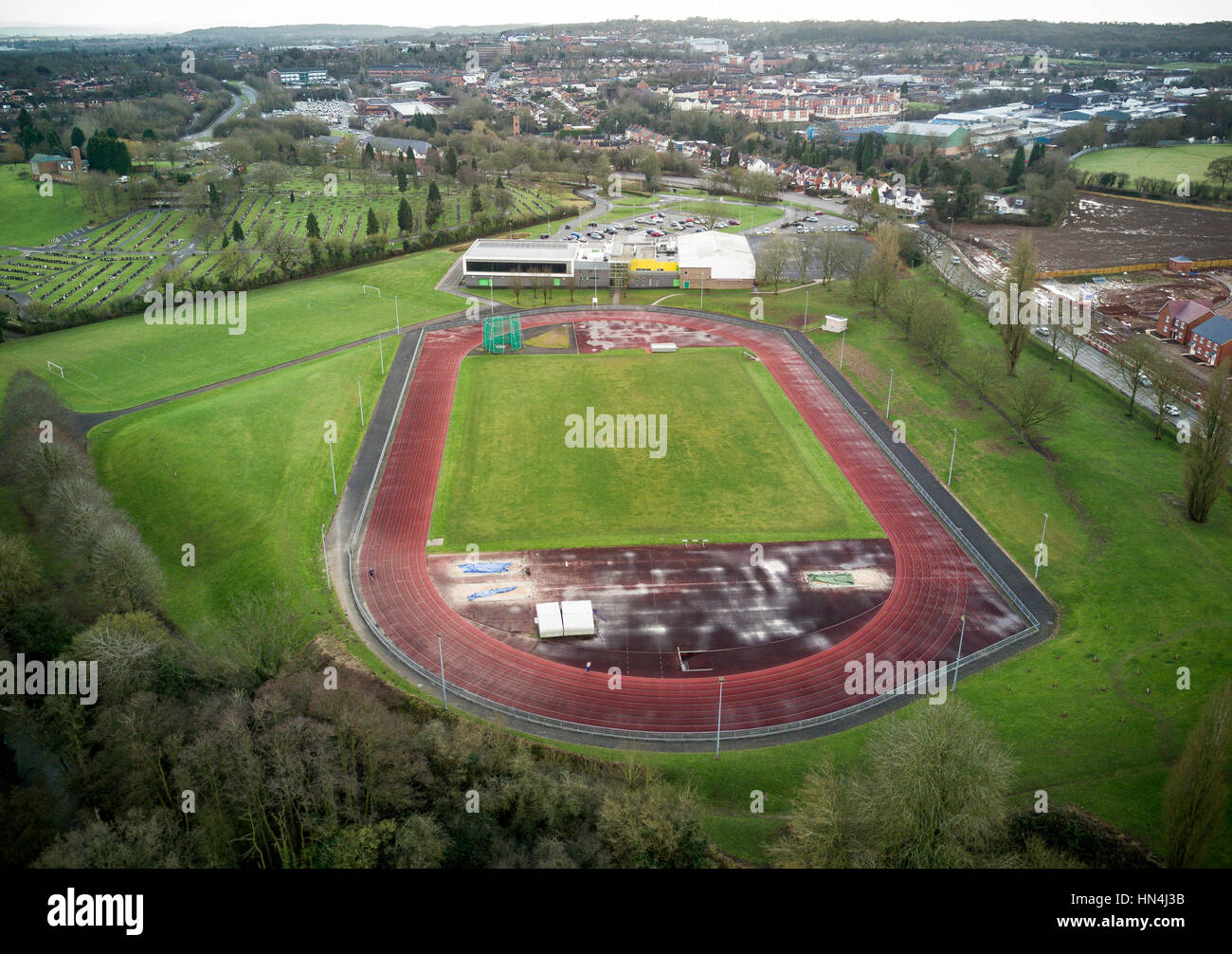 Il Abbey Stadium pista atletica in Worcestershire città di Redditch, Regno Unito. Foto Stock