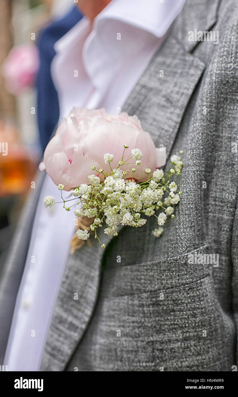 Chiusura del bianco e del rosa peonia corpetto. Bella boutonniere imperniata sull'uomo in abito grigio, camicia bianca. Lo sposo o il laureato. Foto Stock