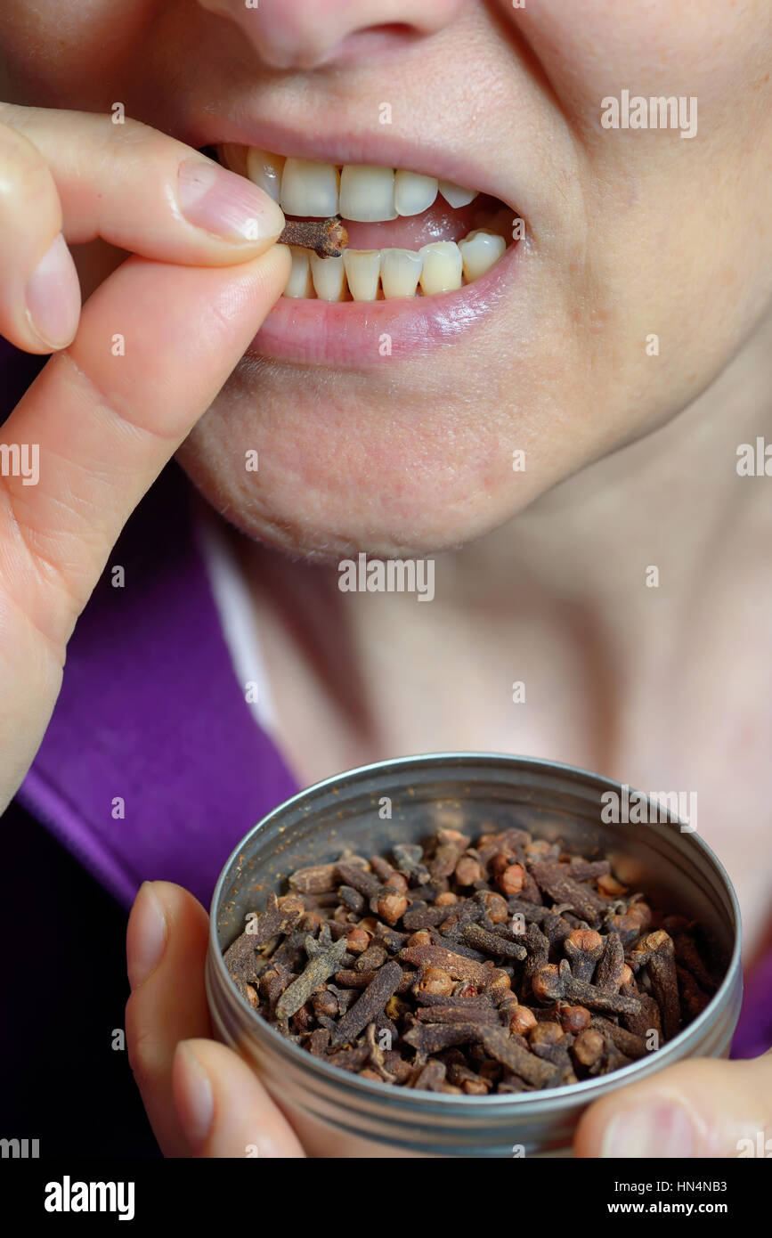 Donna masticare essiccata di spezie di chiodi di garofano per un alito fresco Foto Stock