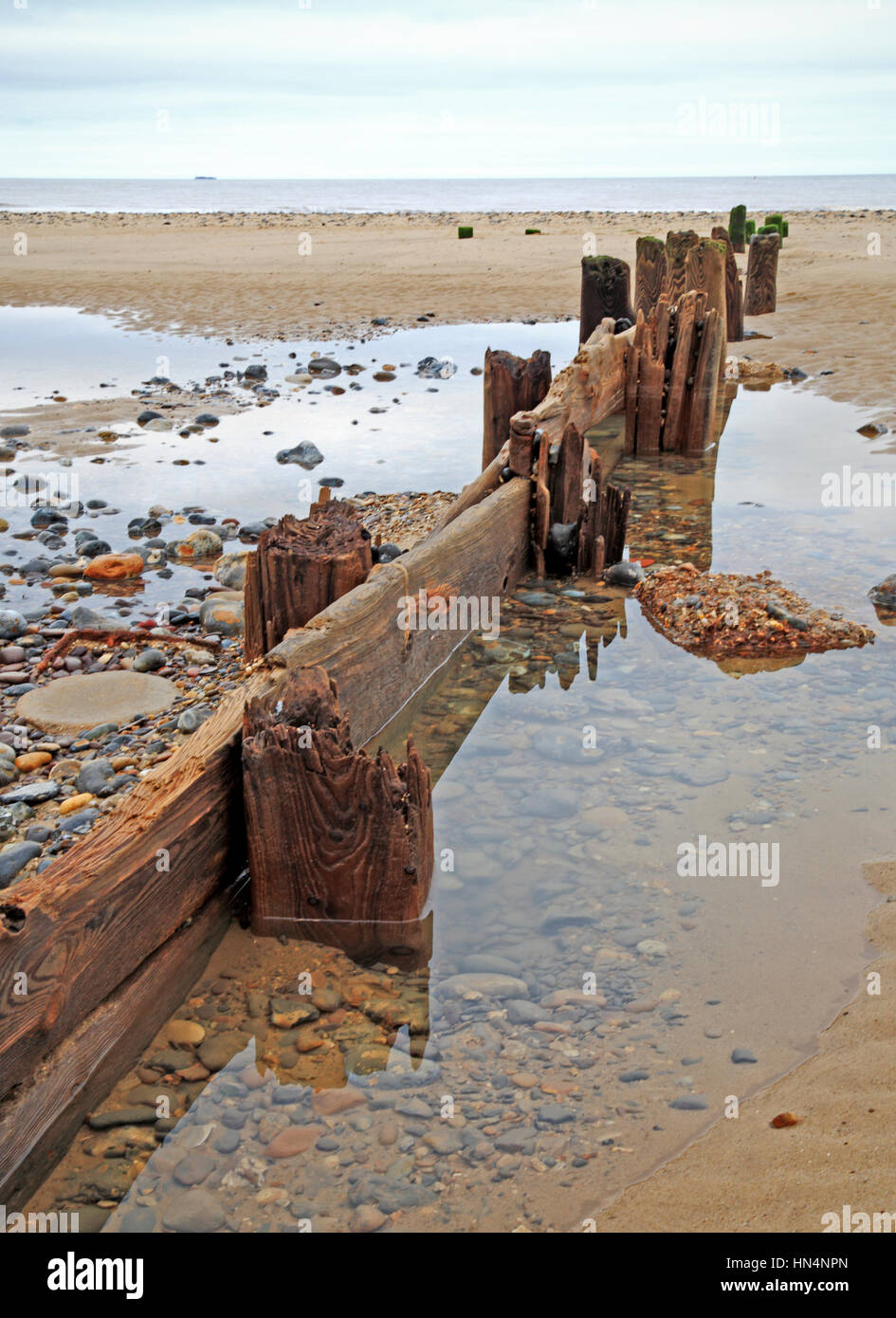 Un vecchio eroso frangiflutti in legno sulla spiaggia a Mundesley, Norfolk, Inghilterra, Regno Unito. Foto Stock