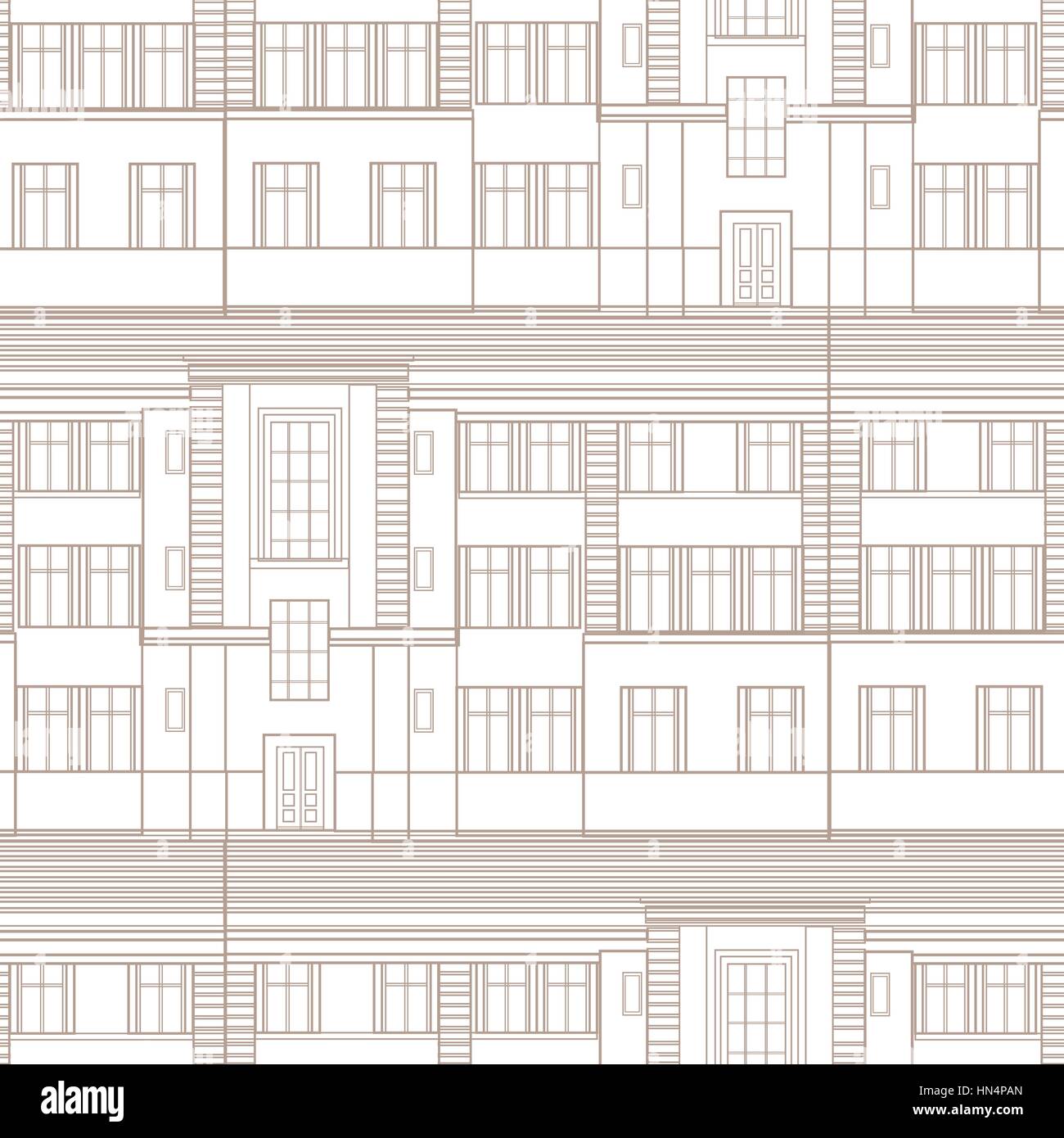 Facciata di edificio seamless pattern. città modello architetturale linea Sfondo elemento di design Illustrazione Vettoriale